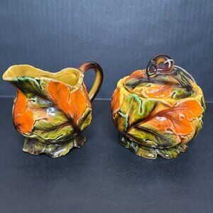 Vintage Cream and Sugar Set Orange Brown Ceramic Pottery Fall Leaves Decor Japan